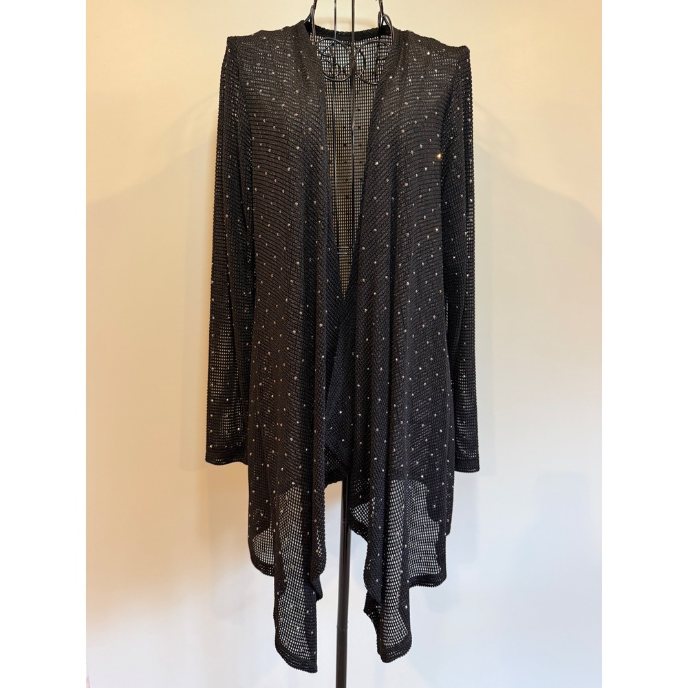 Womens Black Mesh Rhinestone Open Front Cardigan Metallic Knit Draped Shimmer